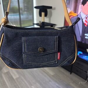 Blue and Tan Mini Bag with Structured Design